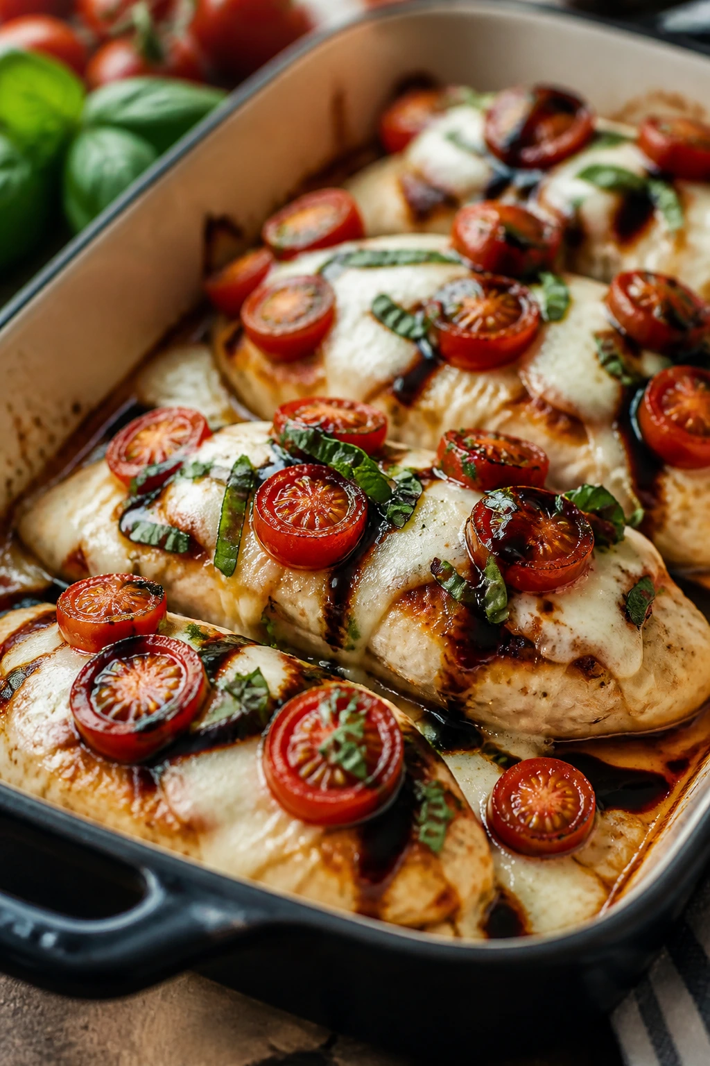 Close-up of Caprese chicken bake with melted mozzarella, cherry tomatoes, and basil in a baking dish