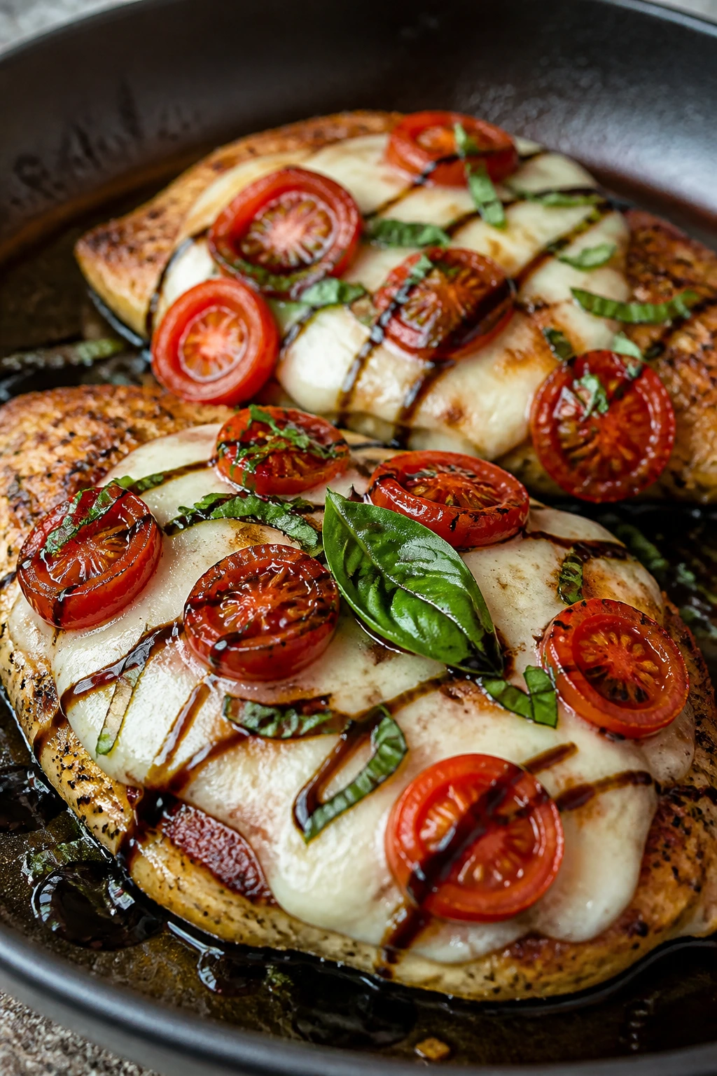Close-up of caprese chicken cutlets with mozzarella, tomatoes and basil