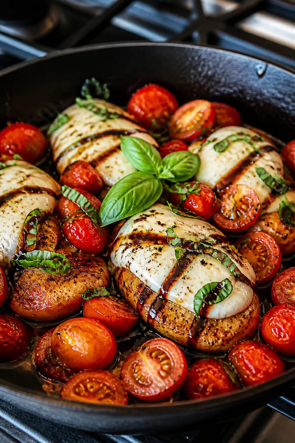 Close-up of Caprese-style chicken skillet with mozzarella and basil