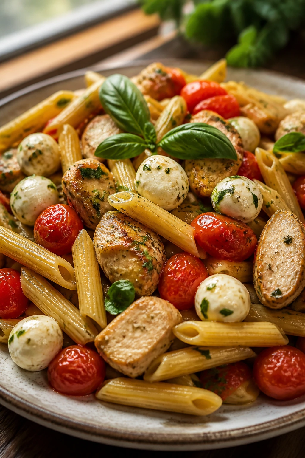 Close-up of caprese chicken pasta with mozzarella, tomatoes, and basil on a rustic plate