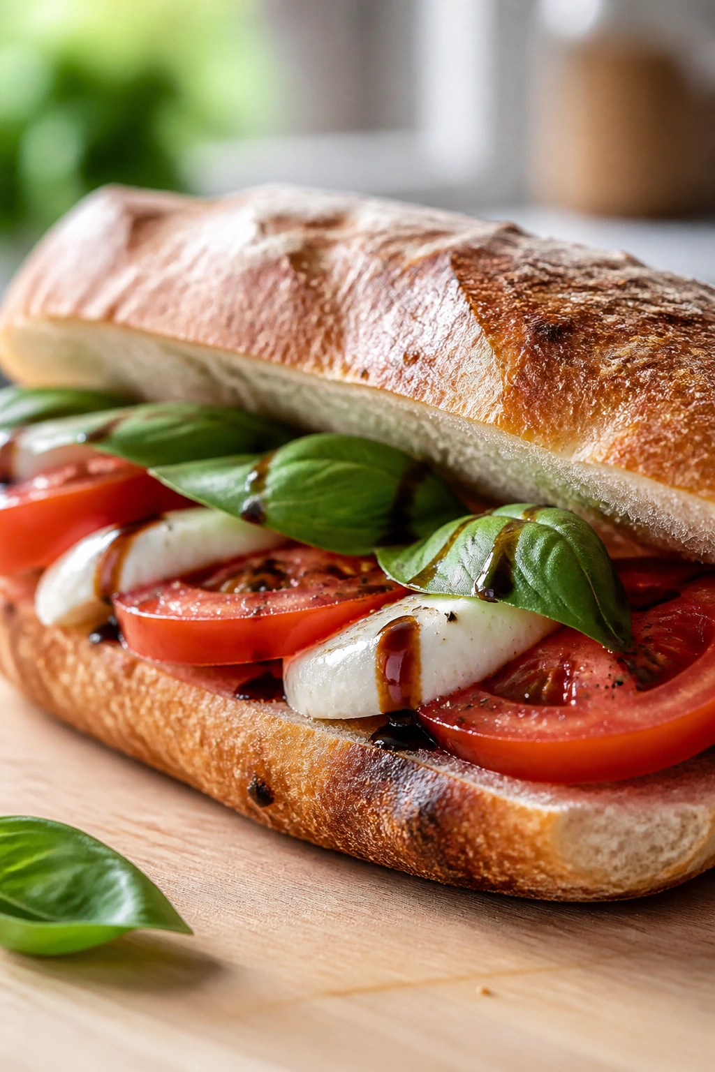 Close-up Caprese sandwich with mozzarella tomato and basil