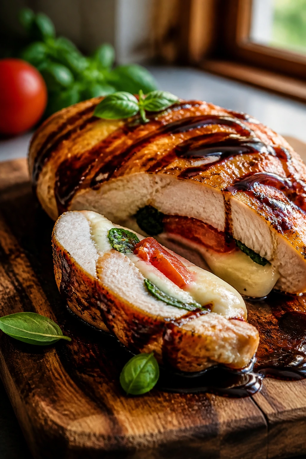 Close-up cross-section of caprese stuffed chicken with mozzarella, tomato, and basil.