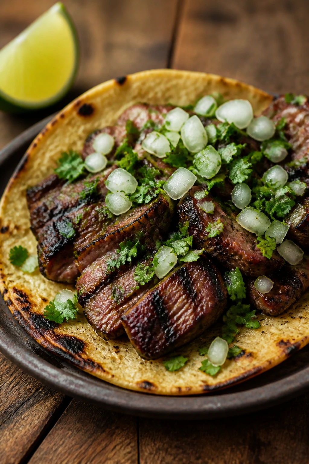 Close-up of carne asada taco with onion and cilantro