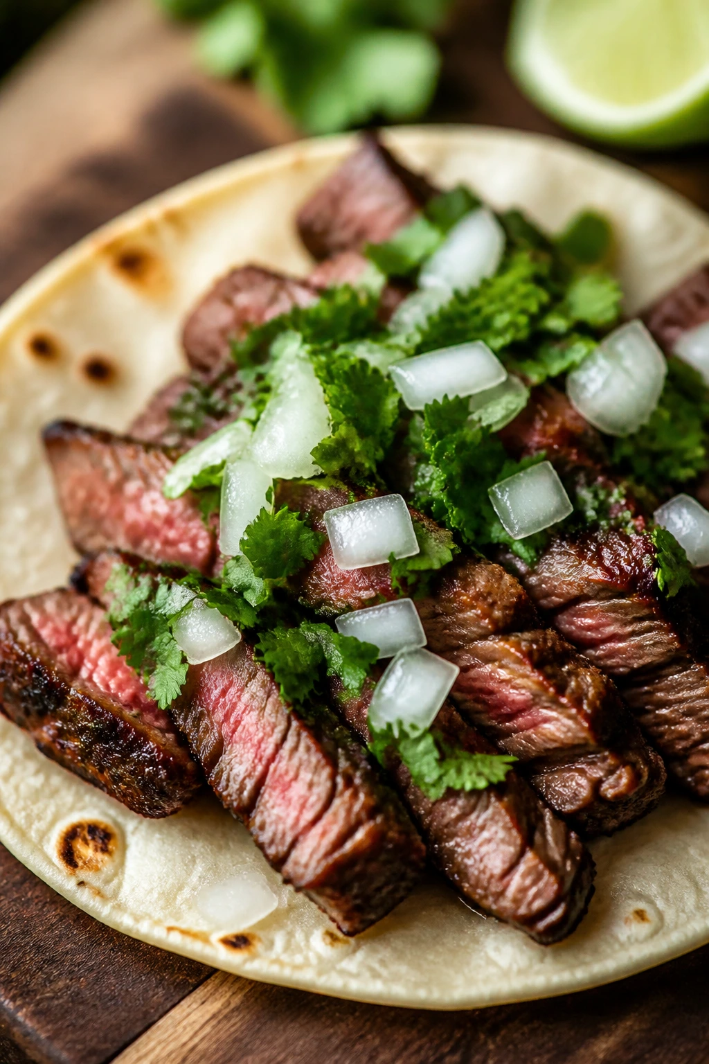 Close-up of carne asada taco with steak, cilantro, and onions on a tortilla
