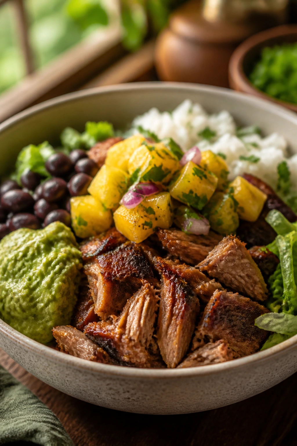 Close-up of oven-crisped carnitas burrito bowls with pineapple salsa in a rustic kitchen
