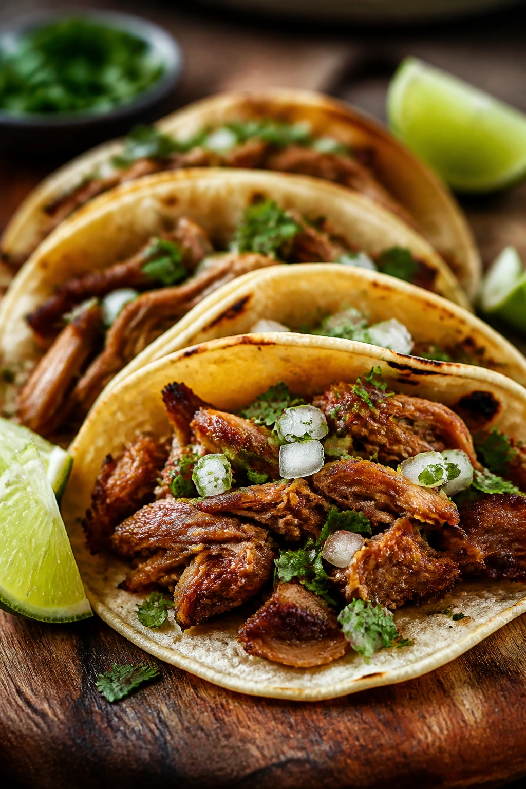 Close-up of carnitas tacos with crispy edges on tortillas