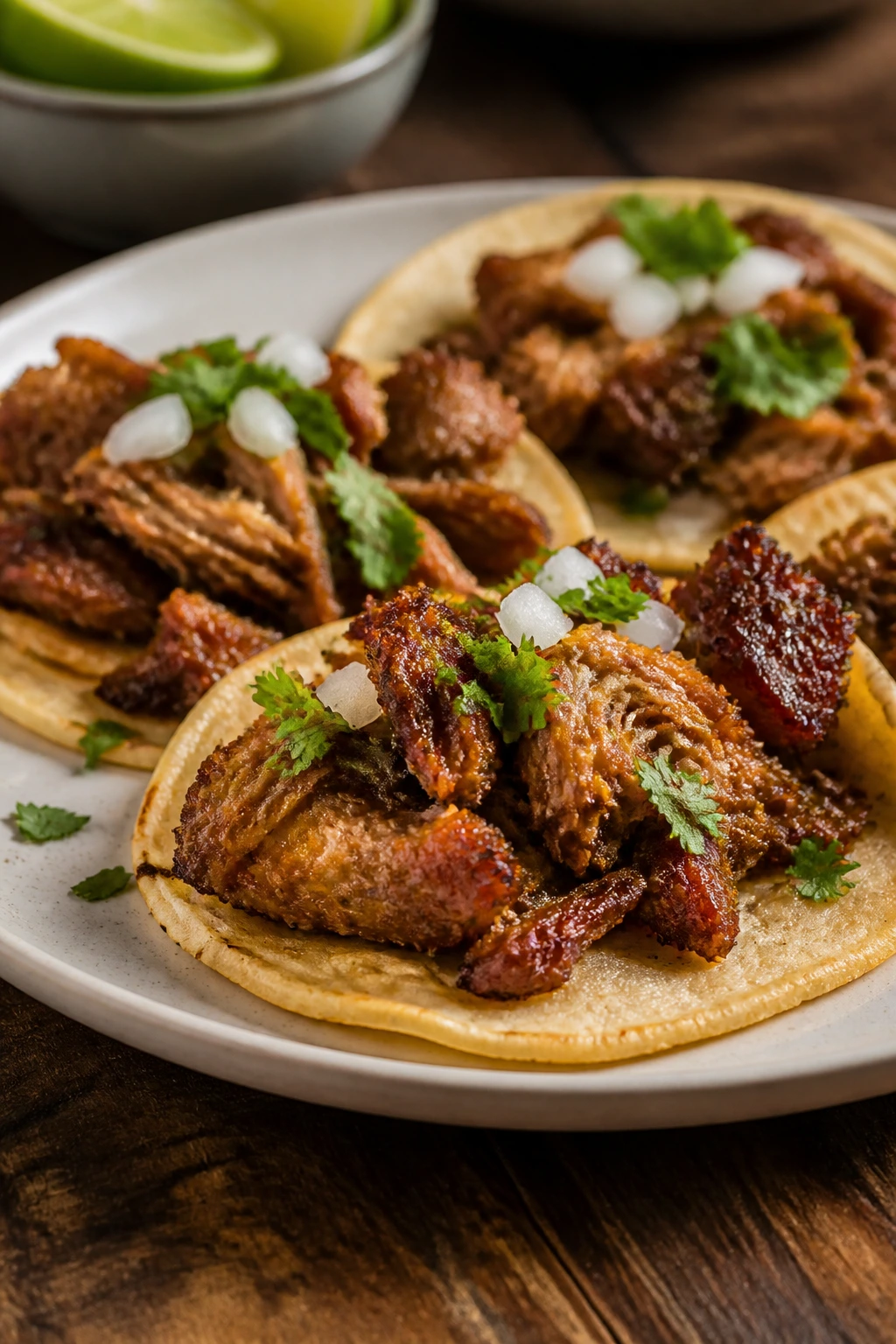 Close-up of crispy carnitas in corn tortillas on a rustic wooden table