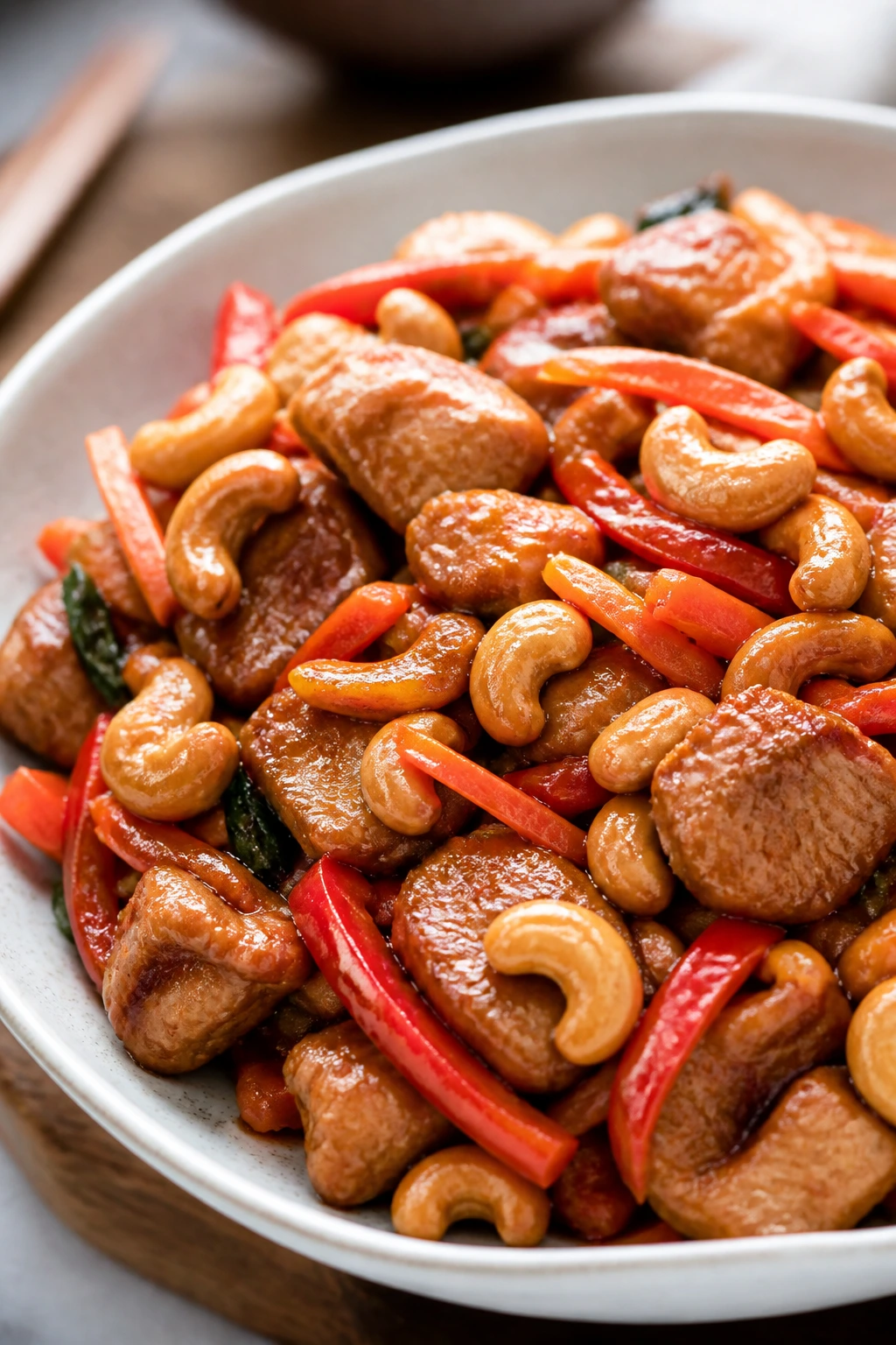 Close-up of cashew chicken with carrots and peppers