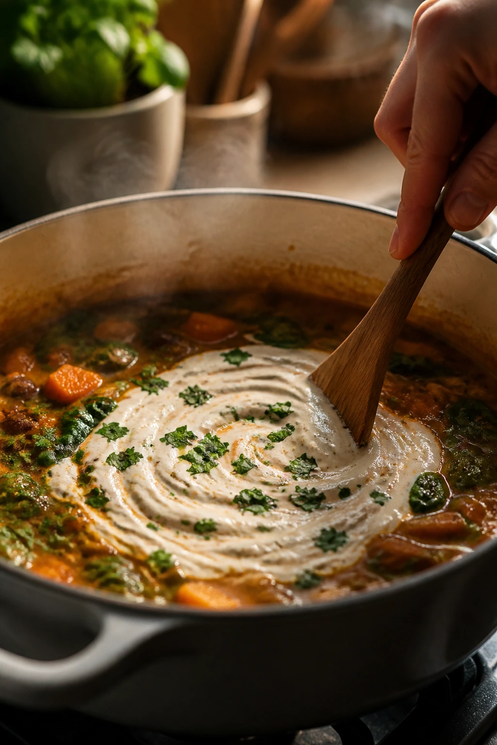 Close-up of a simmering pot with cashew cream swirl in a warm kitchen