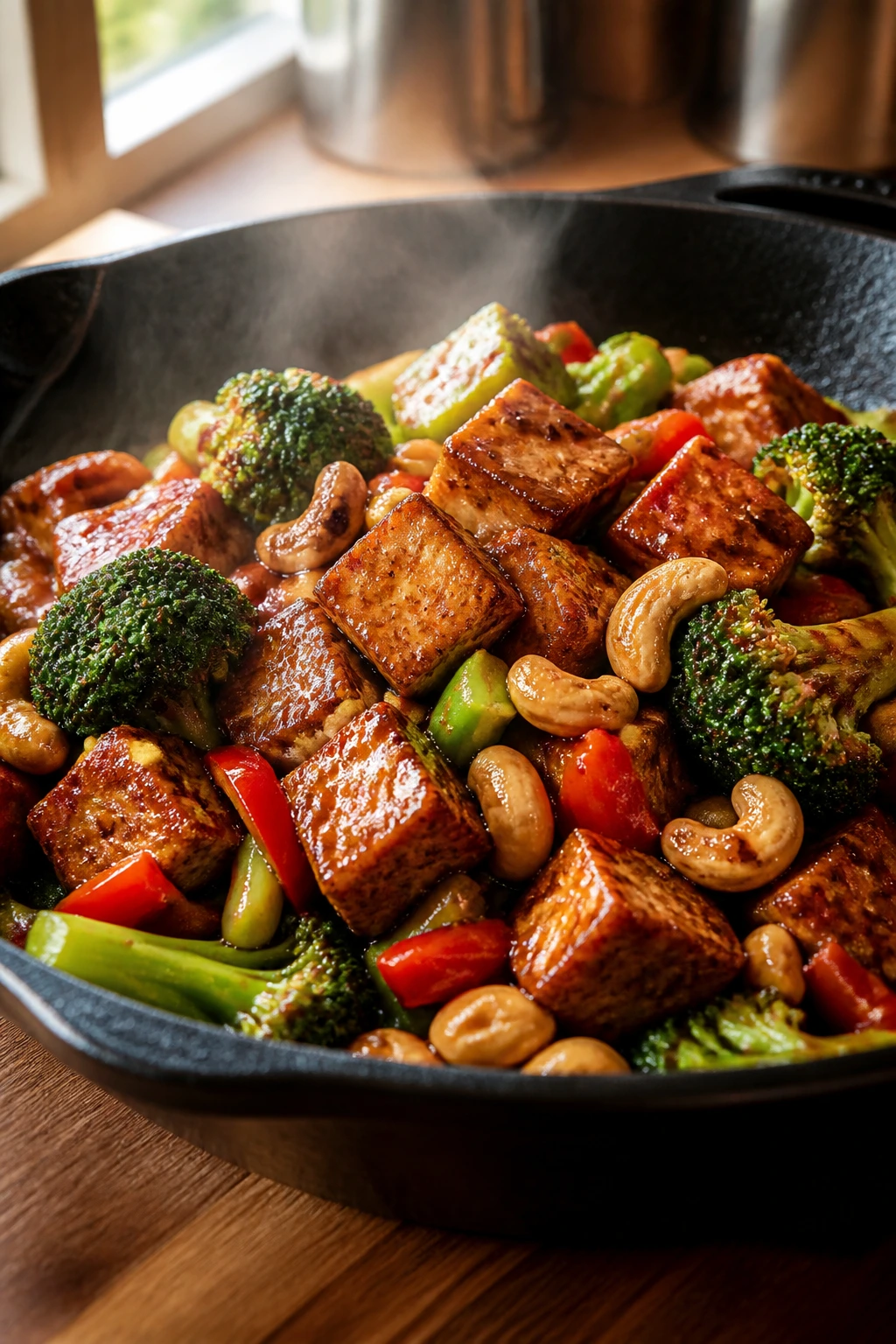 Close-up of cashew tofu stir-fry with broccoli and red bell pepper in glossy sauce
