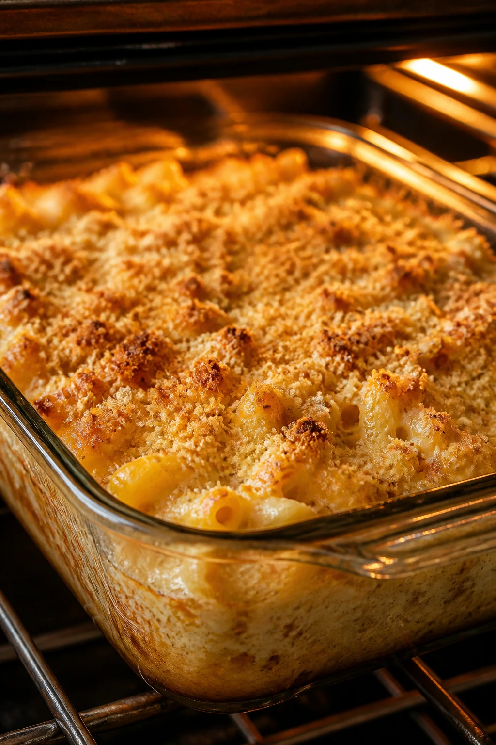 Casserole with breadcrumb topping in glass dish