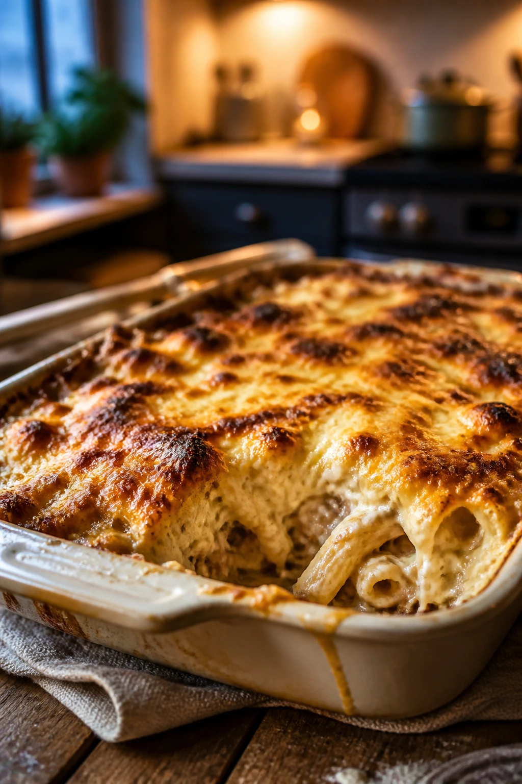 Close-up of a bubbling casserole with browned cheese crust on a wooden table