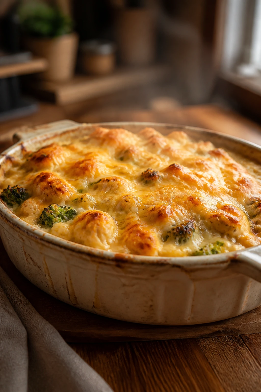 Close-up of bubbling cheesy casserole in a rustic baking dish on a warm kitchen counter