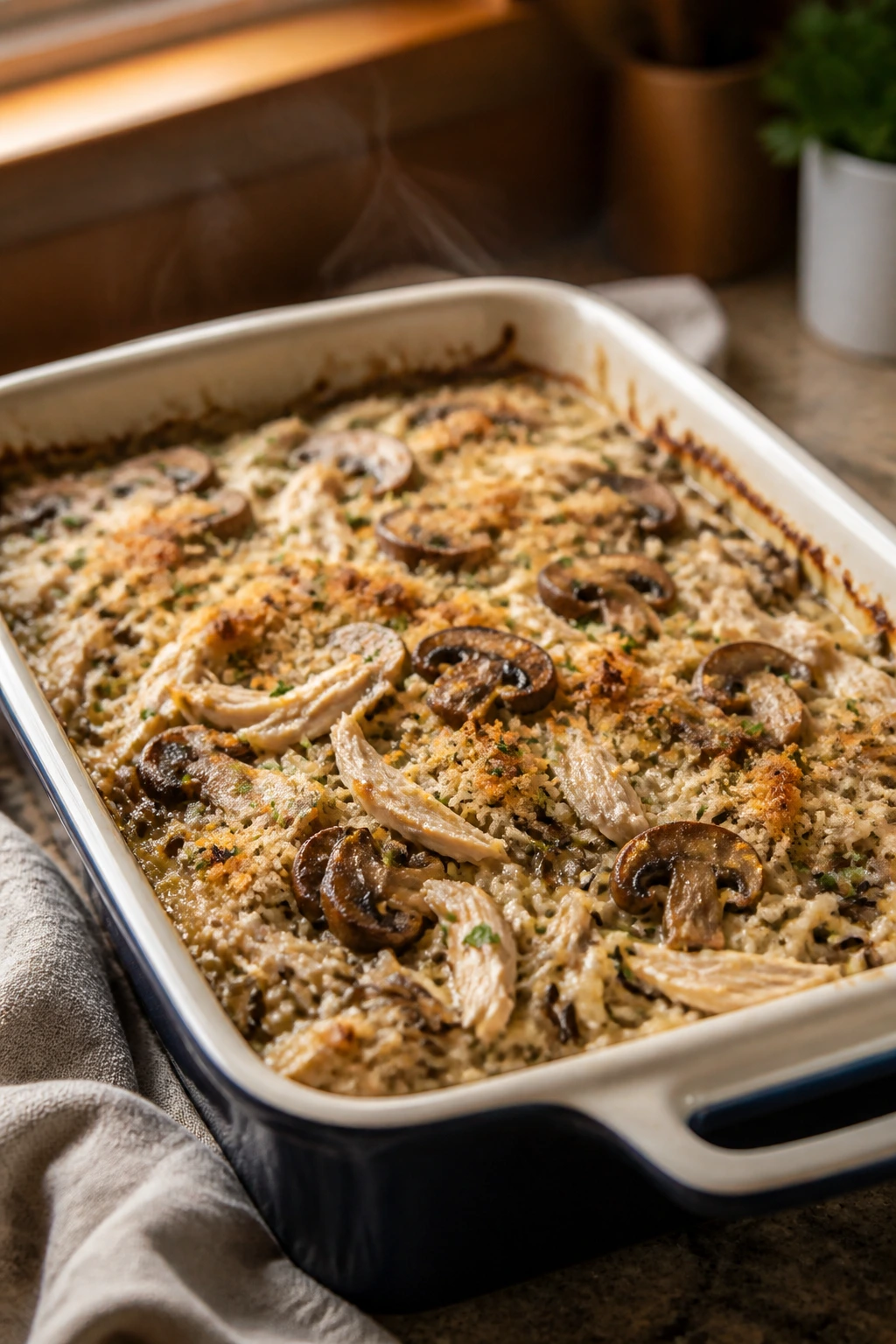 Close-up of creamy chicken and mushroom wild rice casserole in a baking dish.