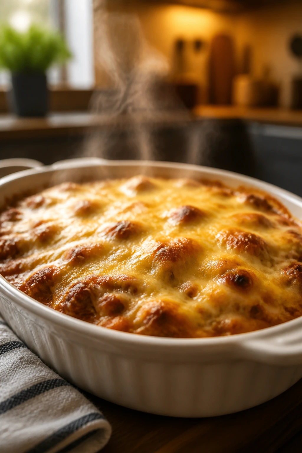 Steaming casserole dish in a warm kitchen
