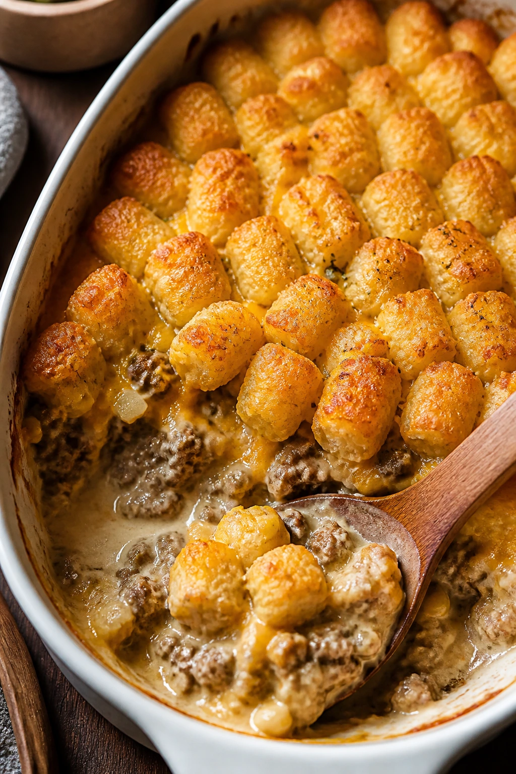 Casserole in a deep dish showing crispy top and creamy center