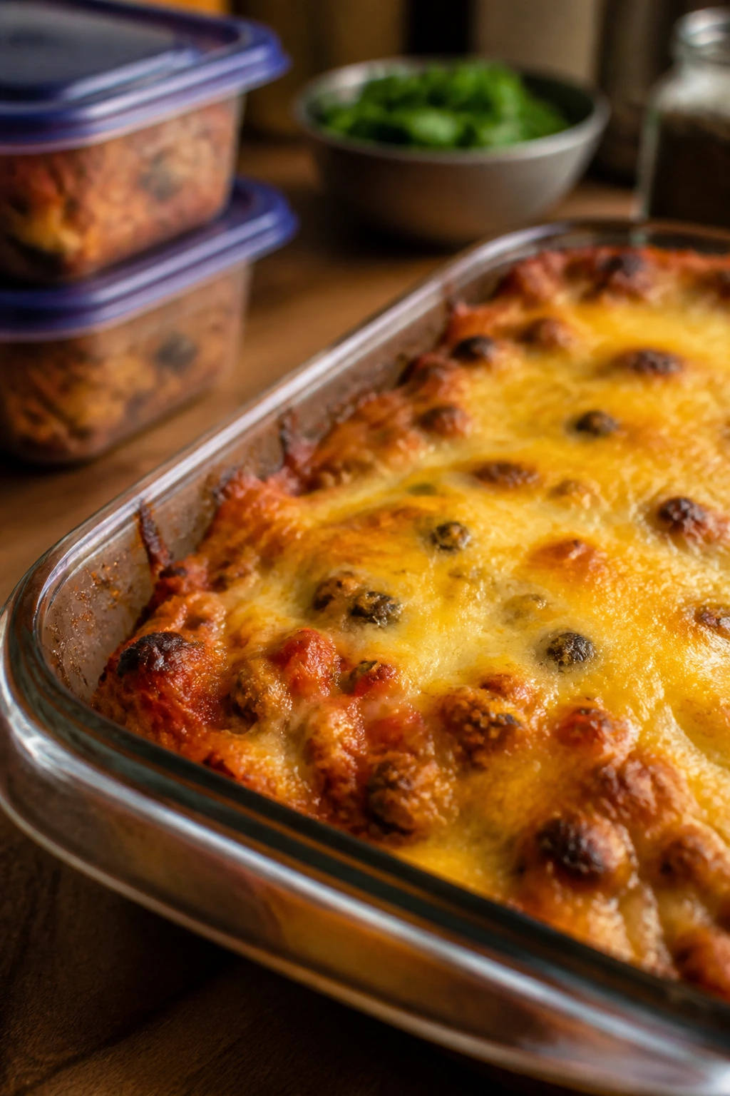 Close-up of a golden-brown casserole edge in a glass baking dish