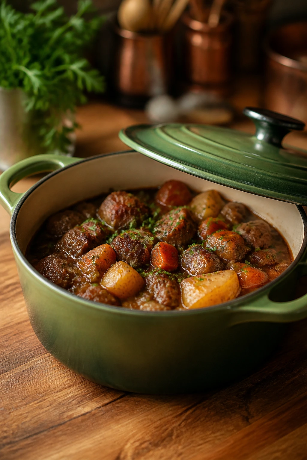 Casserole dish with reheated leftovers on a kitchen counter