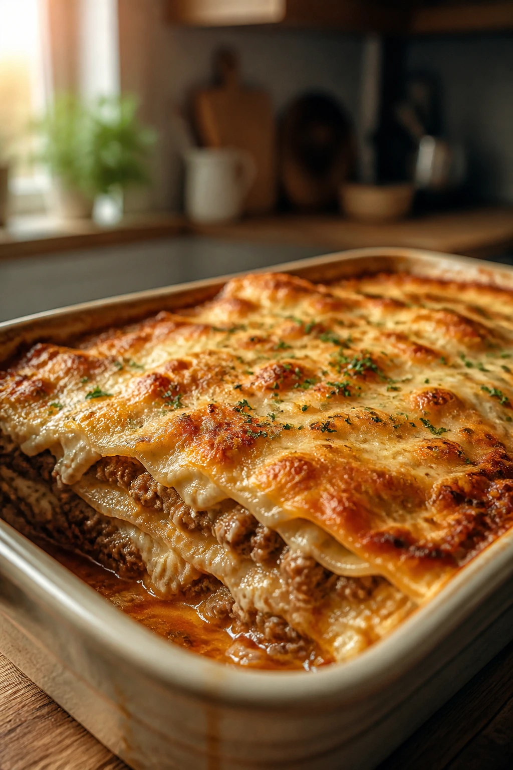 Casserole dish showing layered filling and glossy sauce ready to rest