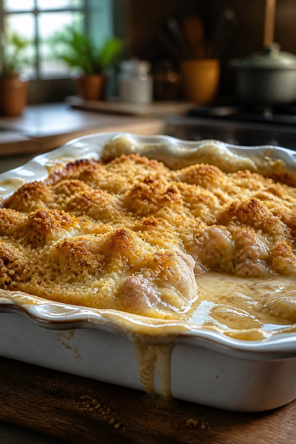 Casserole dish with soupy surface illustrating a common mistake