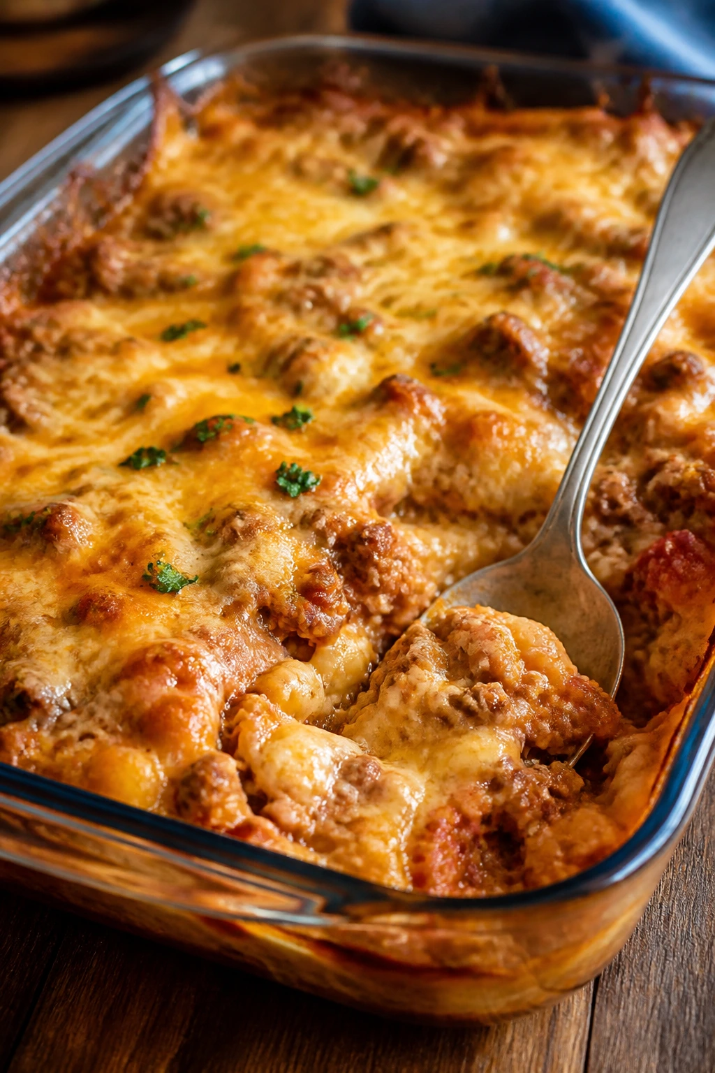 Bubbling casserole in a glass dish ready to serve