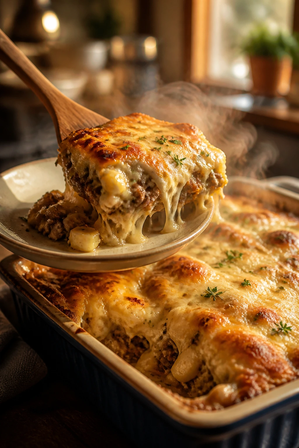 Close-up of bubbling cheesy casserole served from a large baking dish in a cozy kitchen