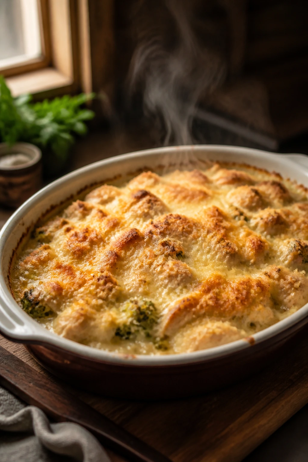Casserole bubbling on a warm kitchen table with a golden crust