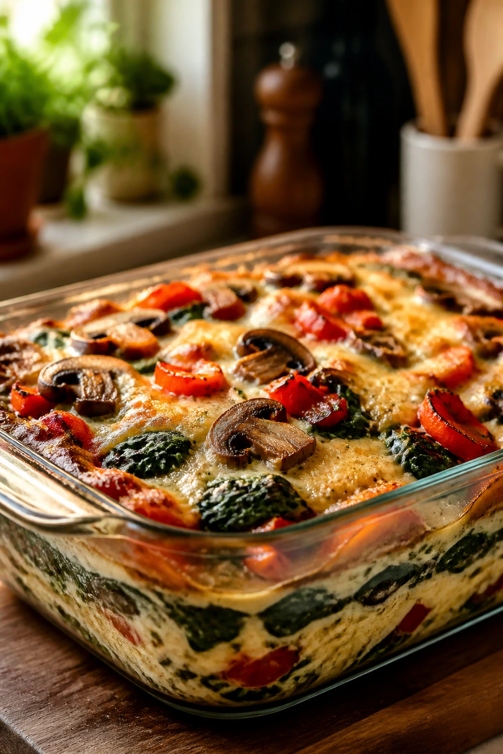 Vegetable-forward casserole in glass dish showing layered textures