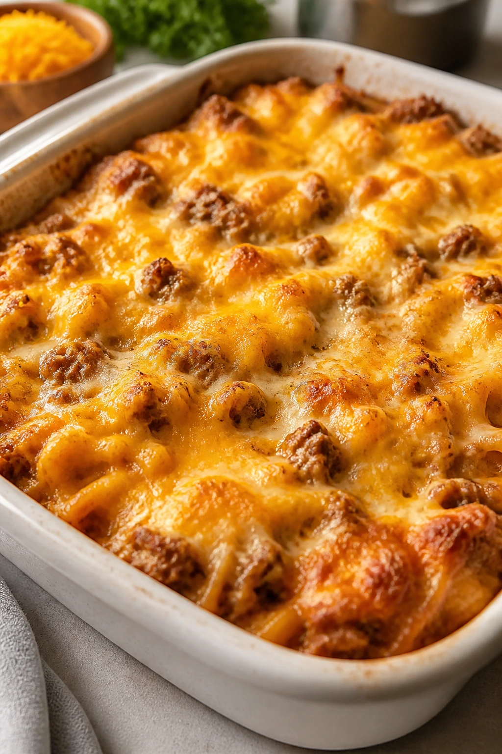 Casserole with glossy, multi-textured top on a countertop