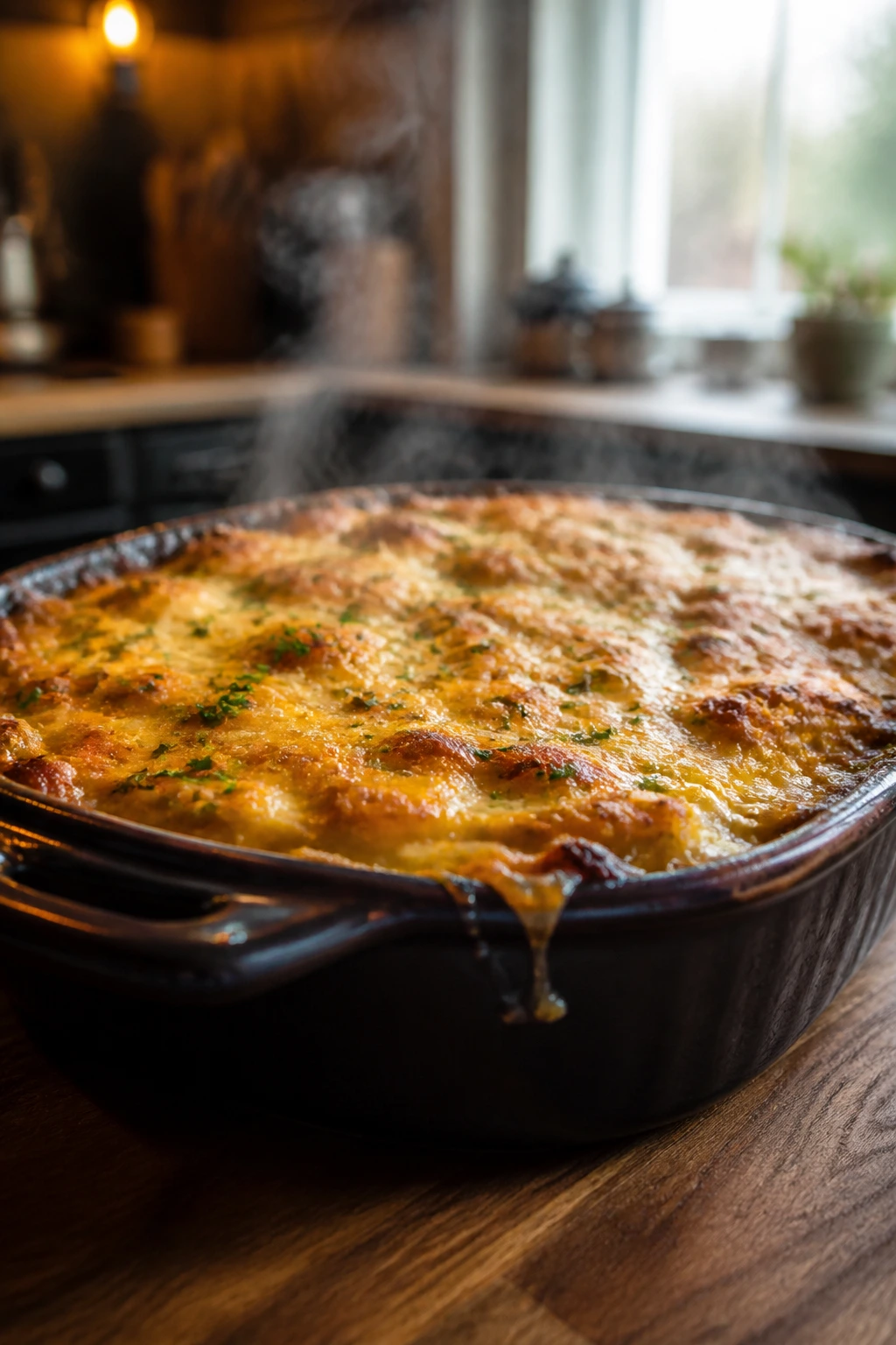 Steaming cheesy casserole in a warm kitchen setting