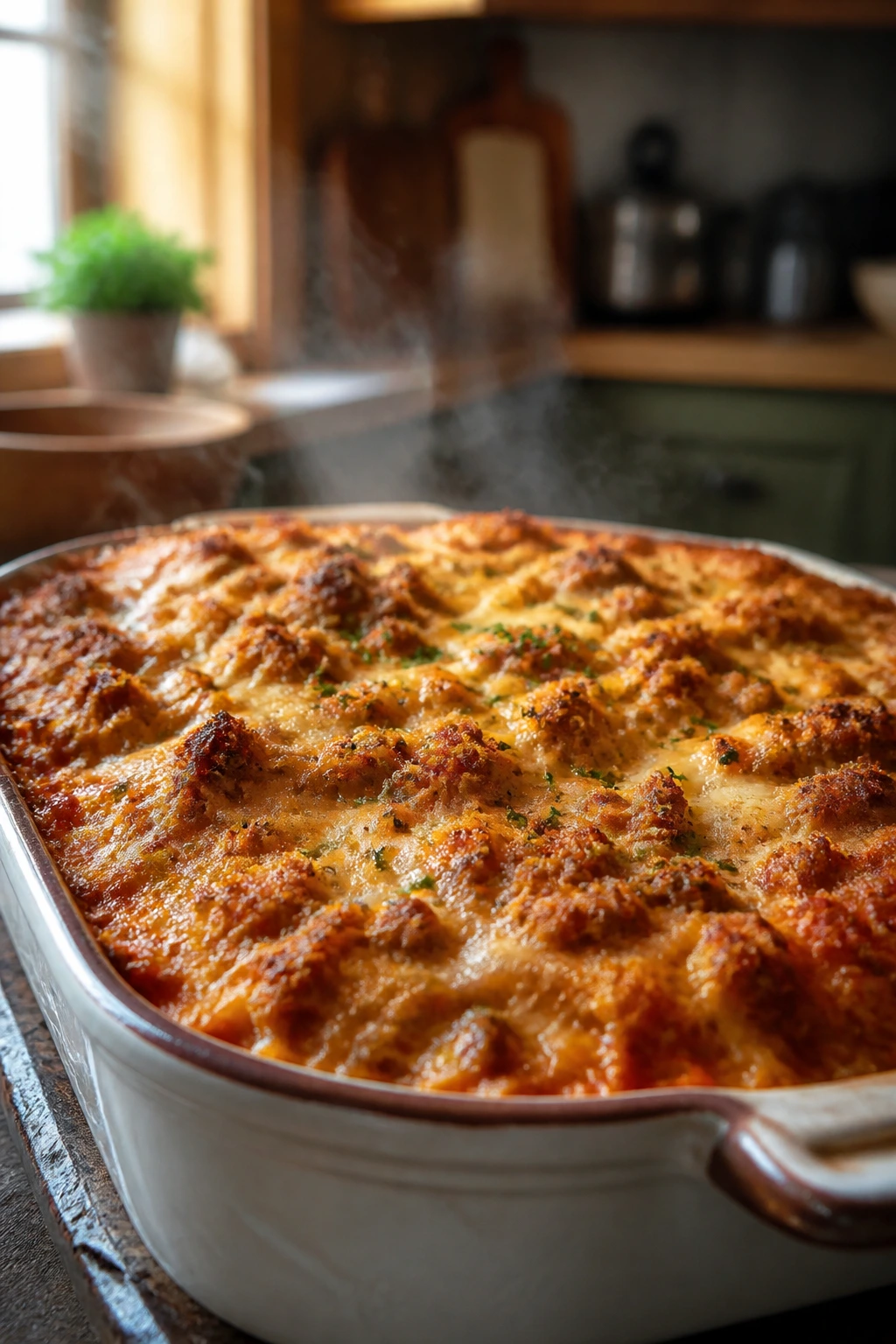 Close-up of a bubbling casserole dish filling the frame in a warm kitchen