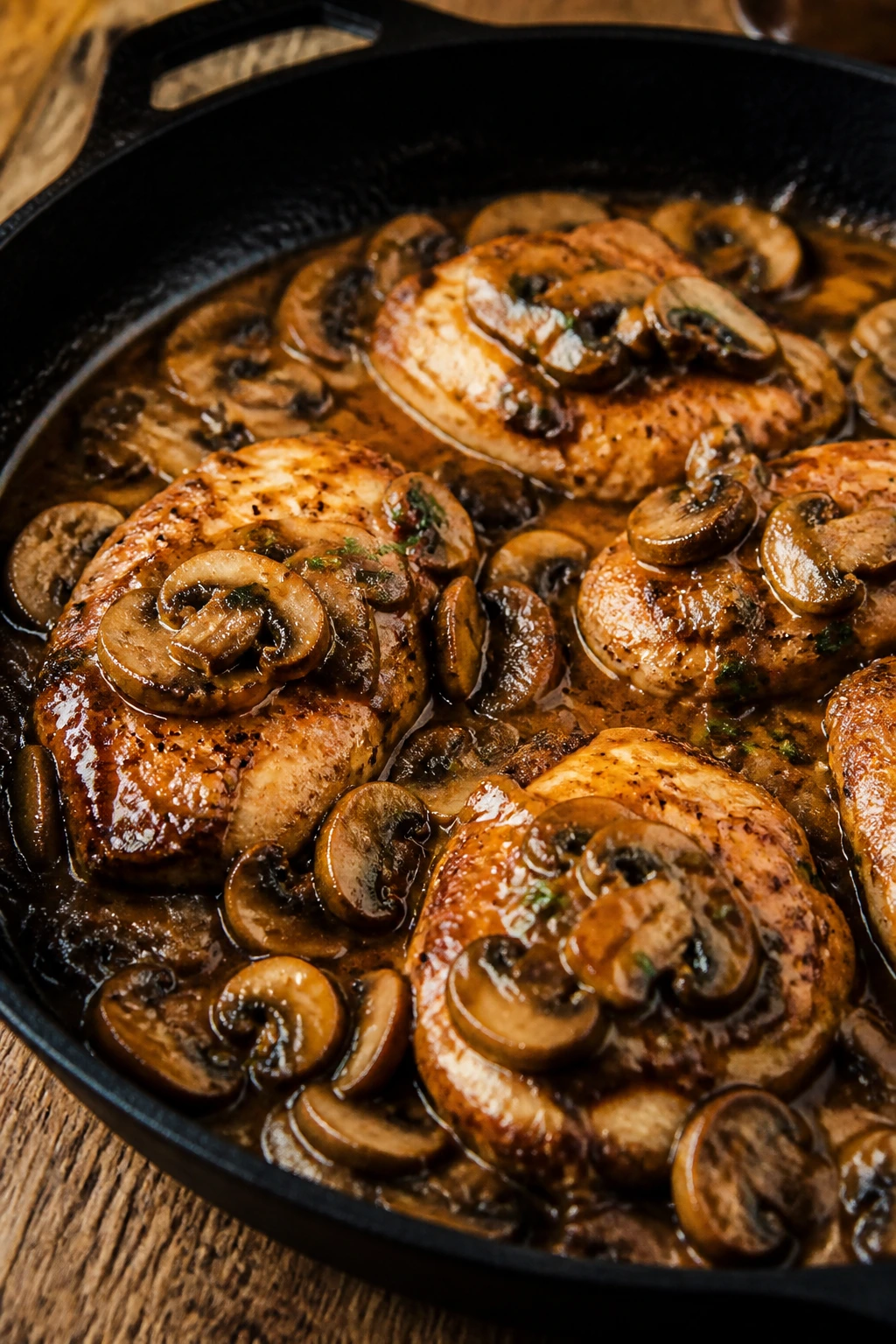 Close-up of Cast-Iron Chicken Marsala in a rustic skillet with mushrooms and glossy sauce