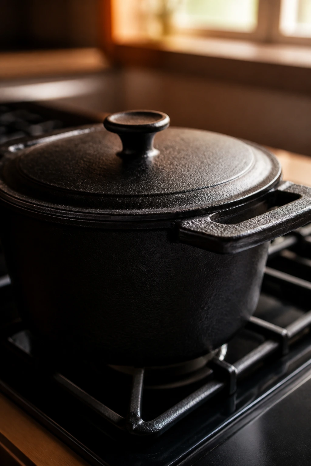 Close-up of a heavy cast-iron Dutch oven on a stovetop