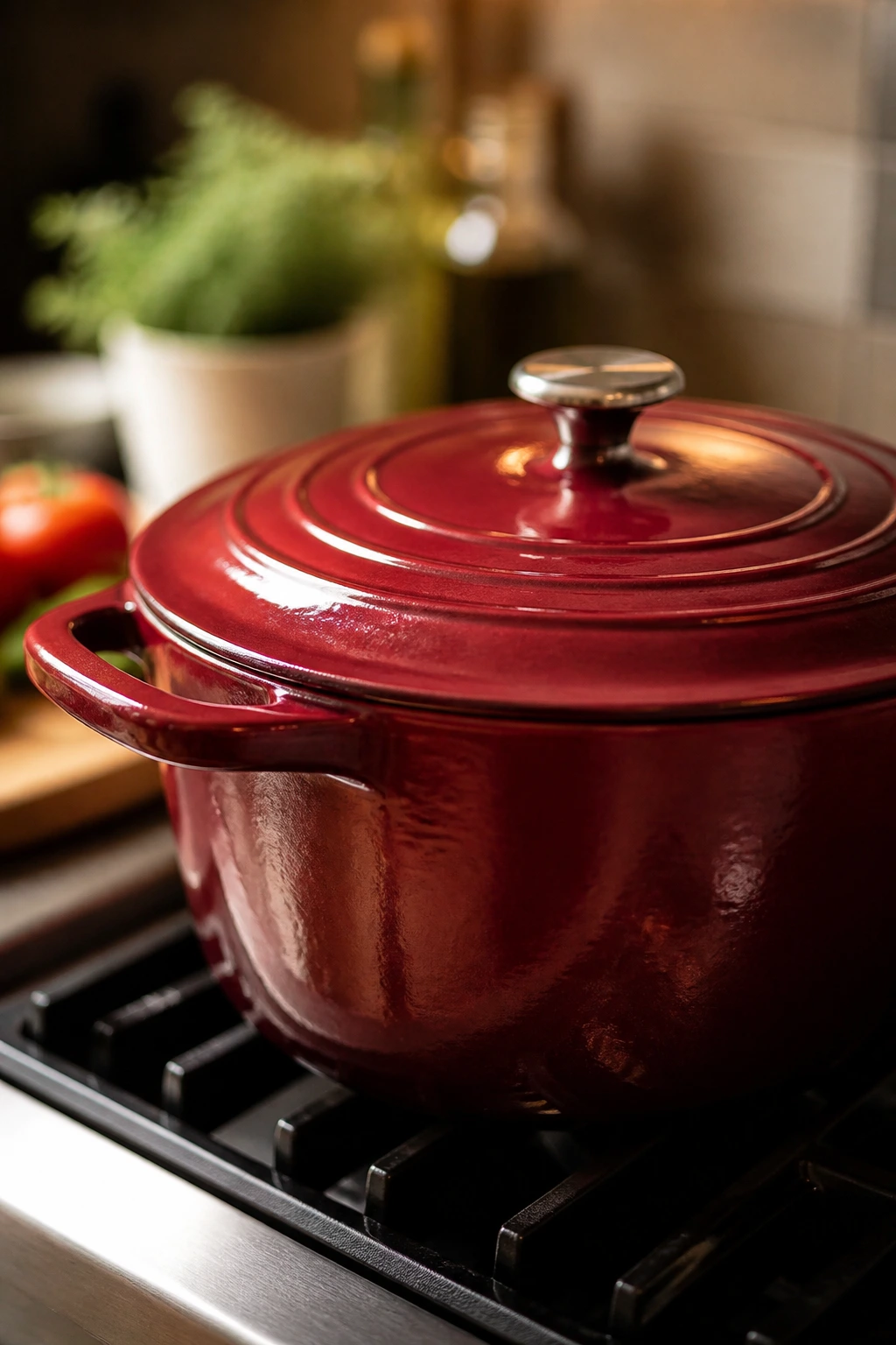 Close-up of a cast-iron Dutch oven on a kitchen counter.