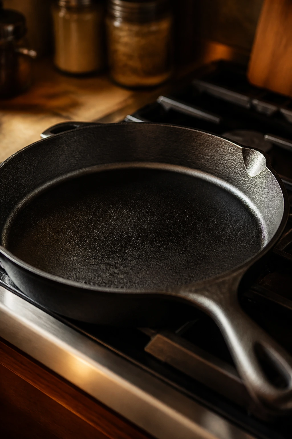 Cast-iron skillet on stove as essential kitchen equipment