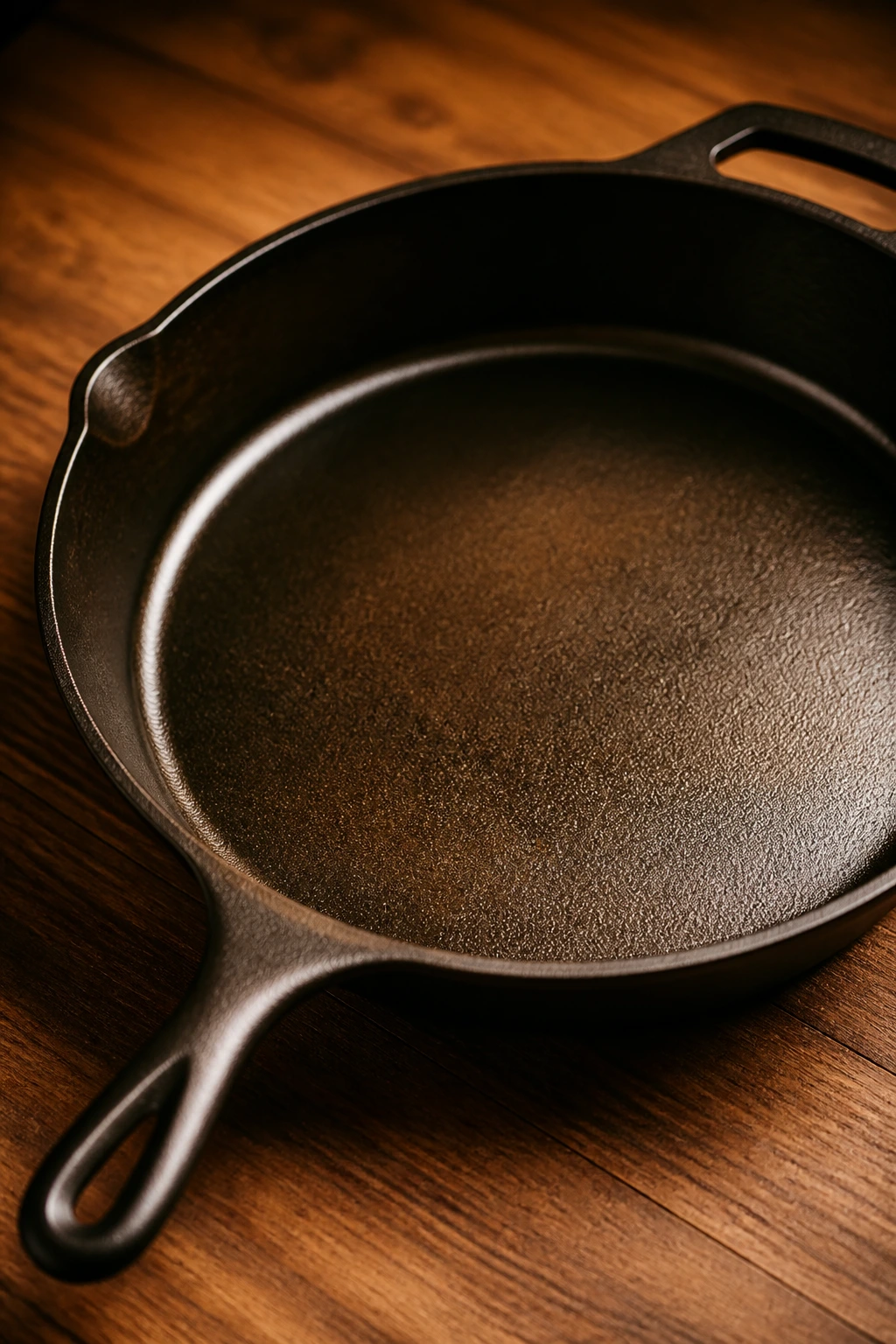 Close-up of a cast-iron skillet on a wooden counter, highlighted by warm kitchen light.