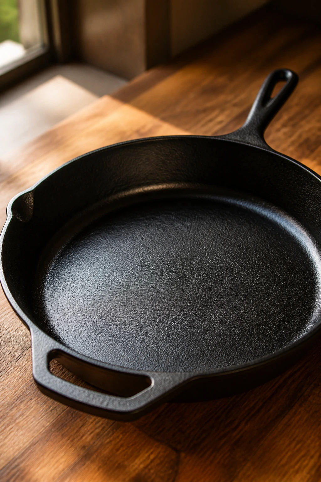 Close-up of a 12-inch cast-iron skillet on a wooden counter in a warm kitchen