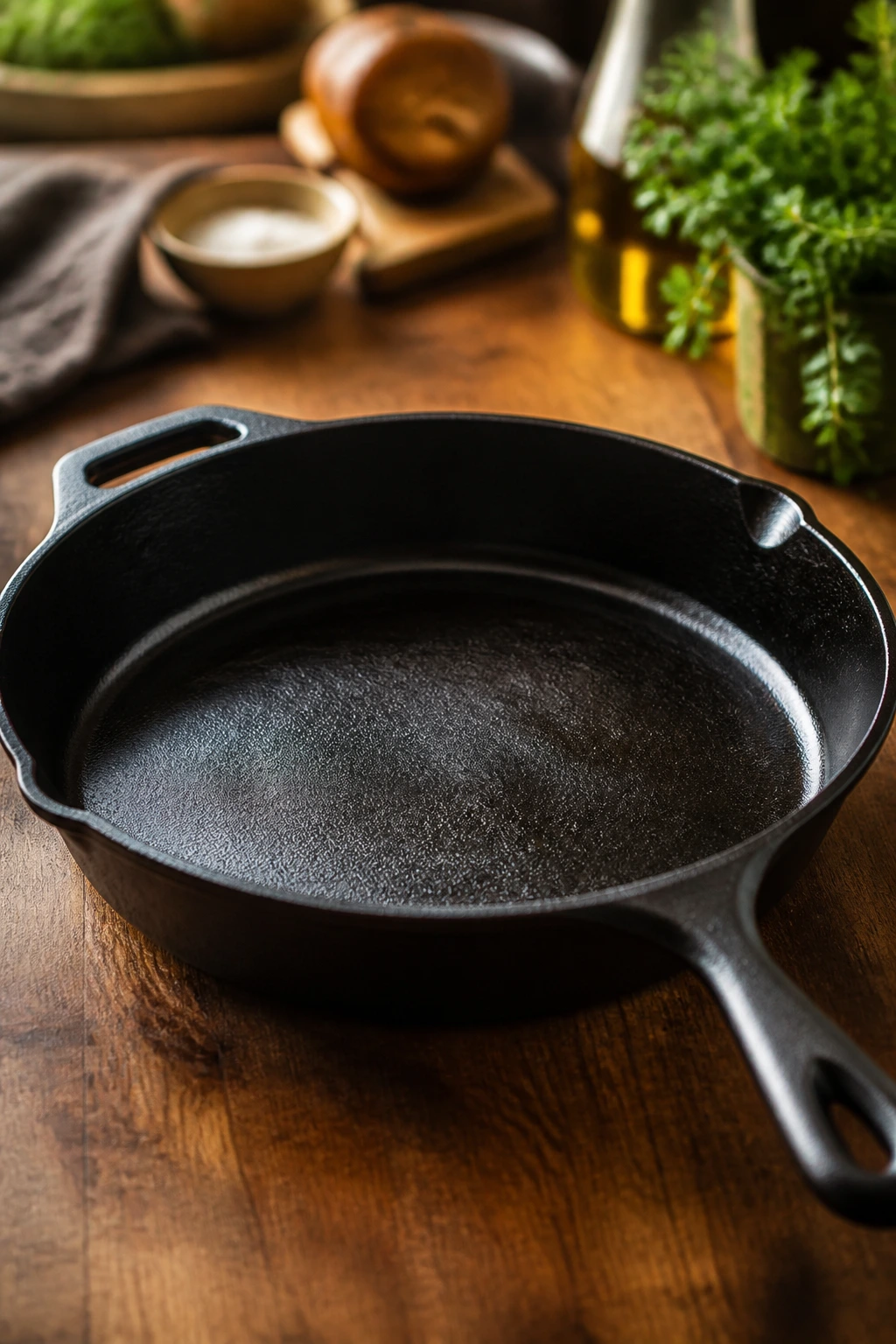 Close-up of a cast-iron skillet on a wooden counter, ready for cooking