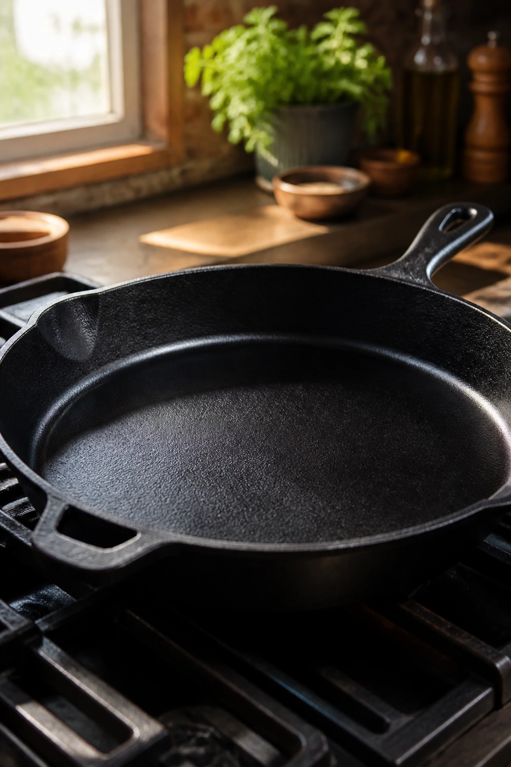 Close-up of a cast-iron skillet in a warm kitchen setting