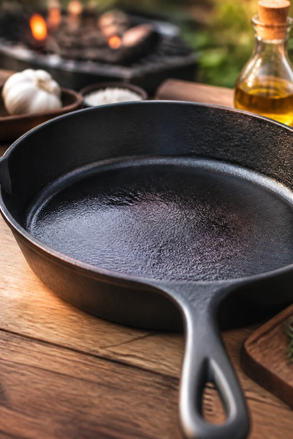 Close-up of a cast-iron skillet on a wooden table
