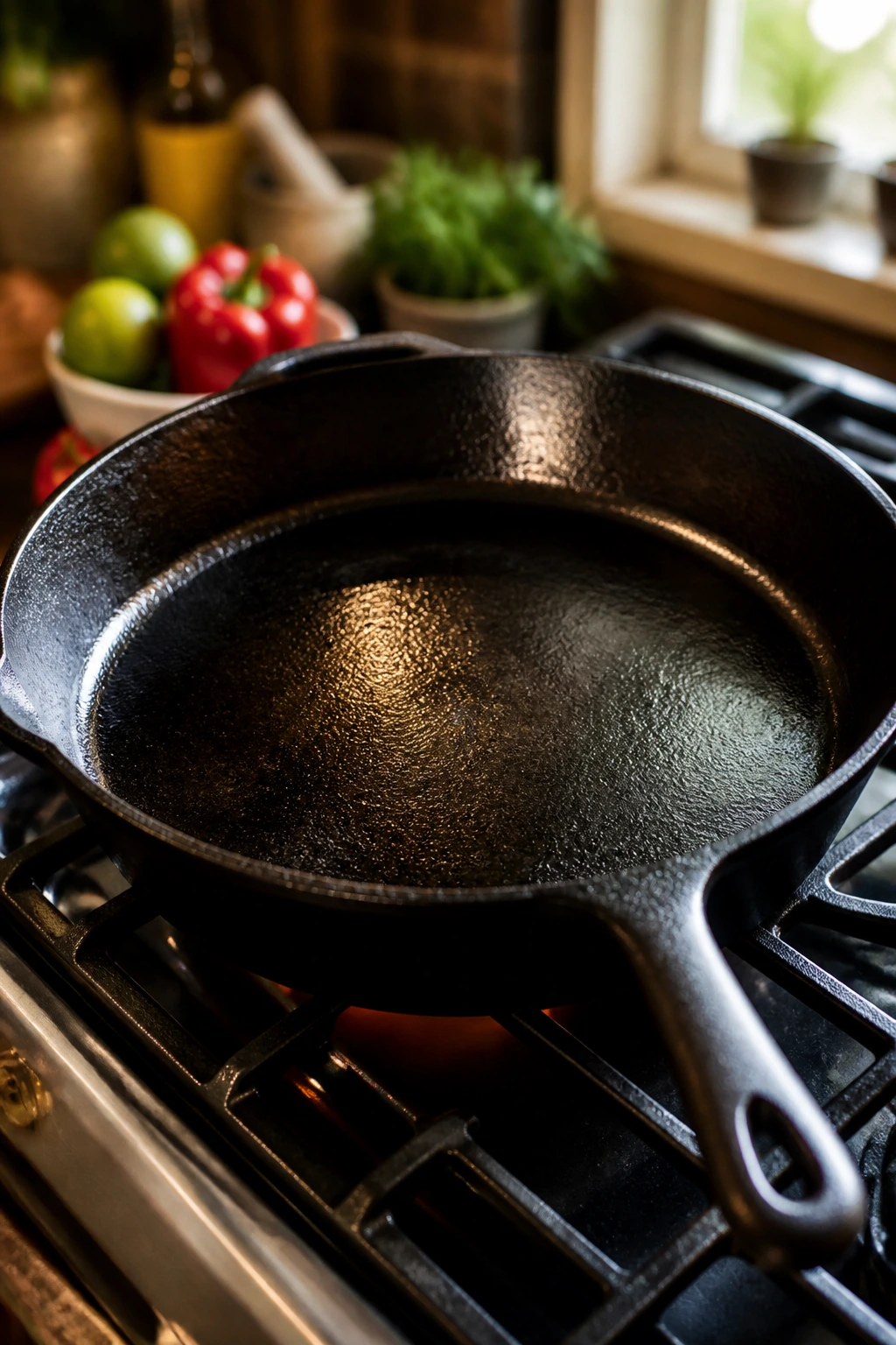 Close-up of a large seasoned cast-iron skillet on a stove, ready for fajitas.