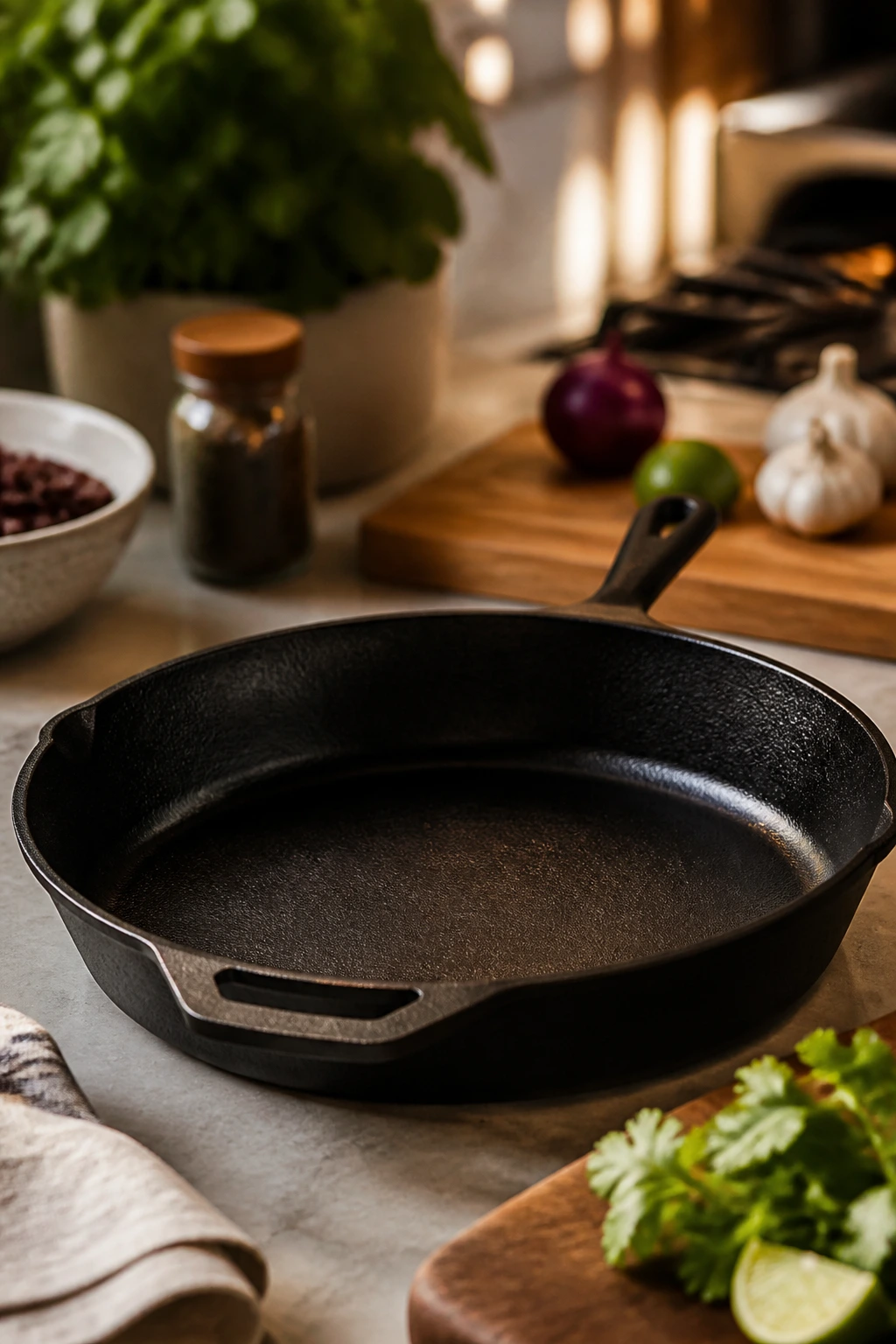 Cast-iron skillet on kitchen counter