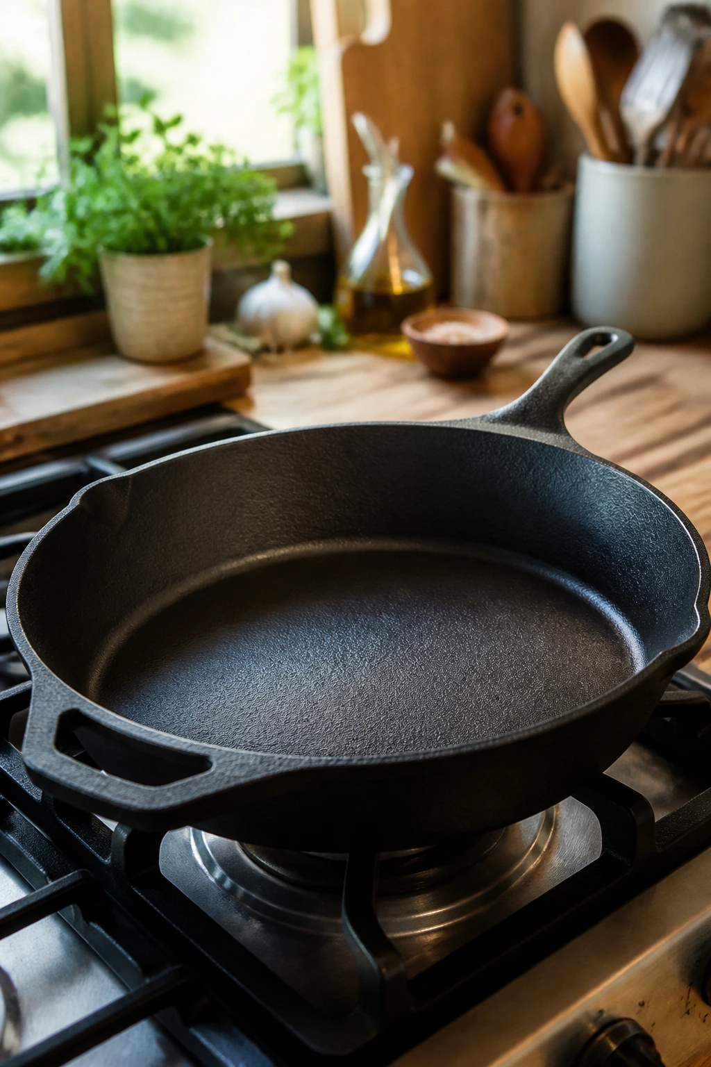 Close-up of a heavy 12-inch cast iron skillet filling the frame on a stove in a cozy kitchen
