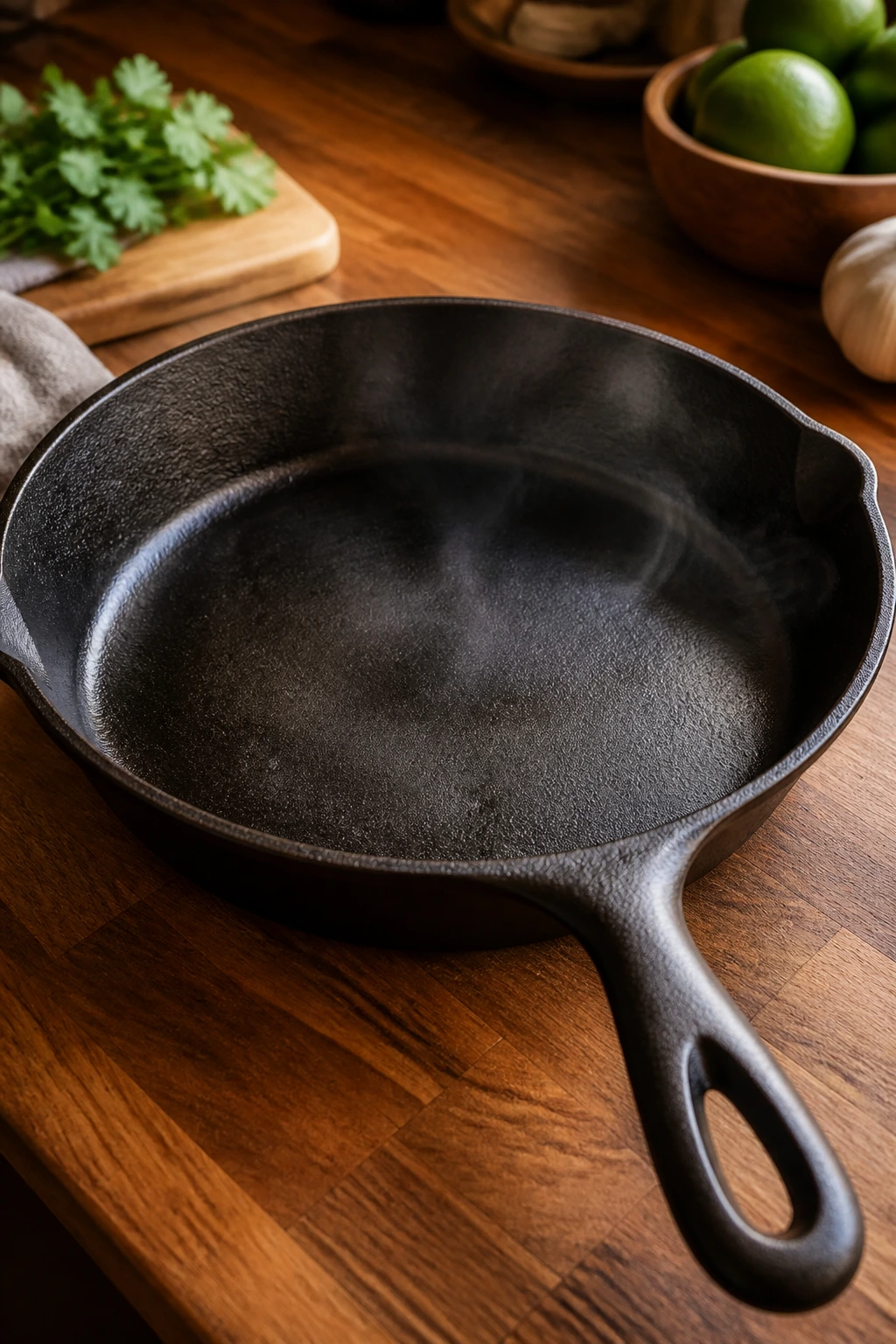 Cast-iron skillet on wooden counter ready for searing tacos
