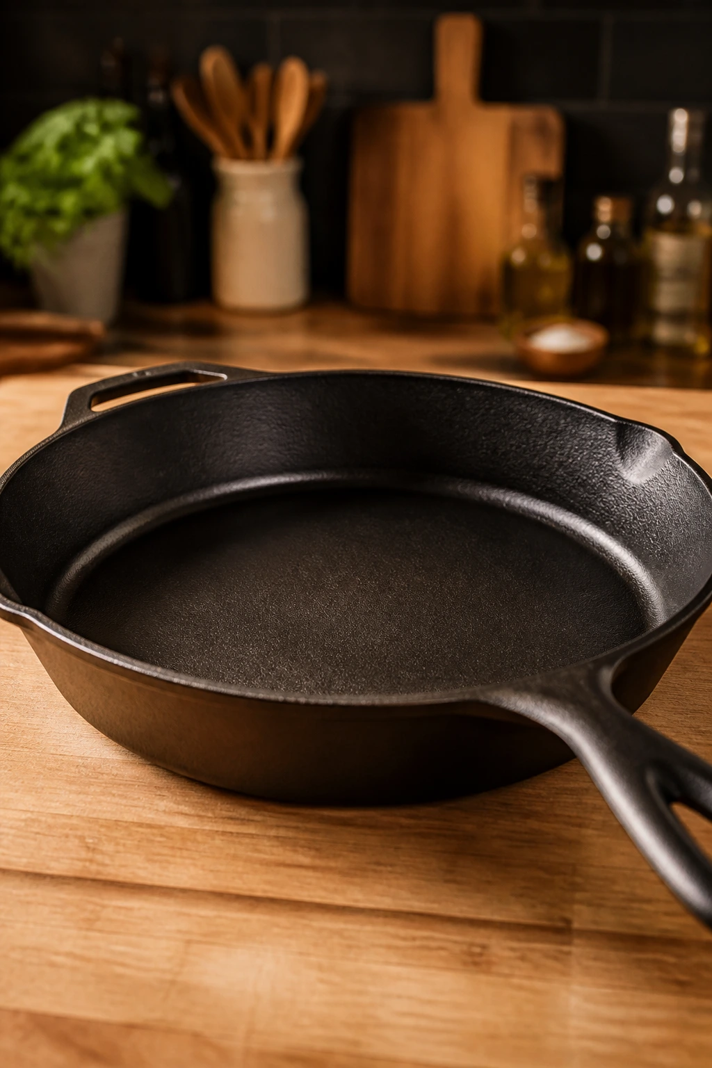 Cast-iron skillet on a kitchen counter as hero