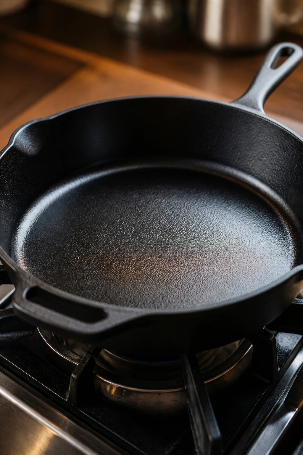 Close-up of a large cast-iron skillet on a stove.