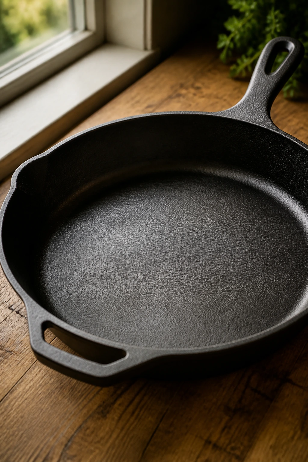 Close-up of a 12-inch cast-iron skillet on a wooden counter
