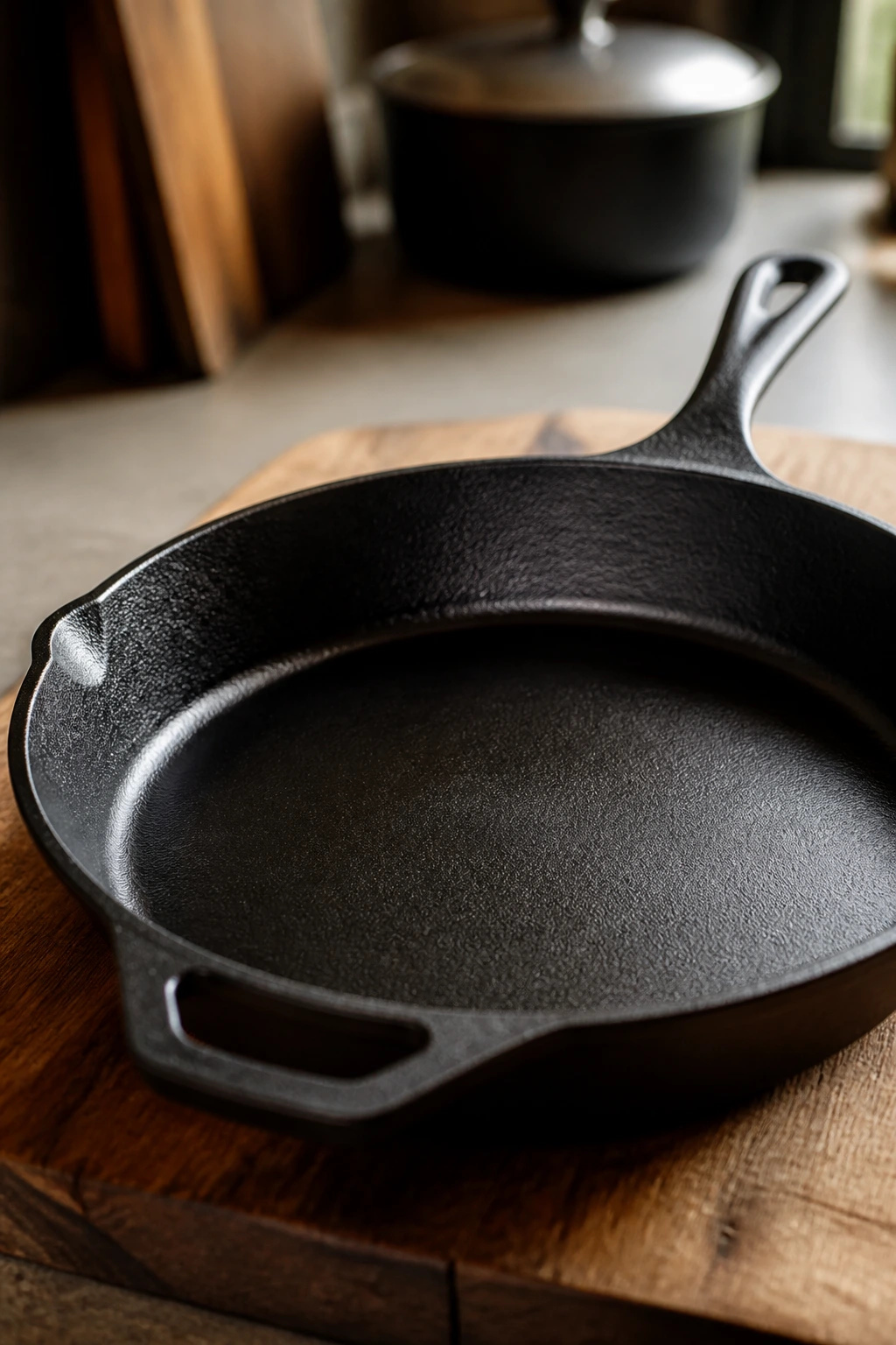 Close-up of a cast-iron skillet on a wooden kitchen counter.