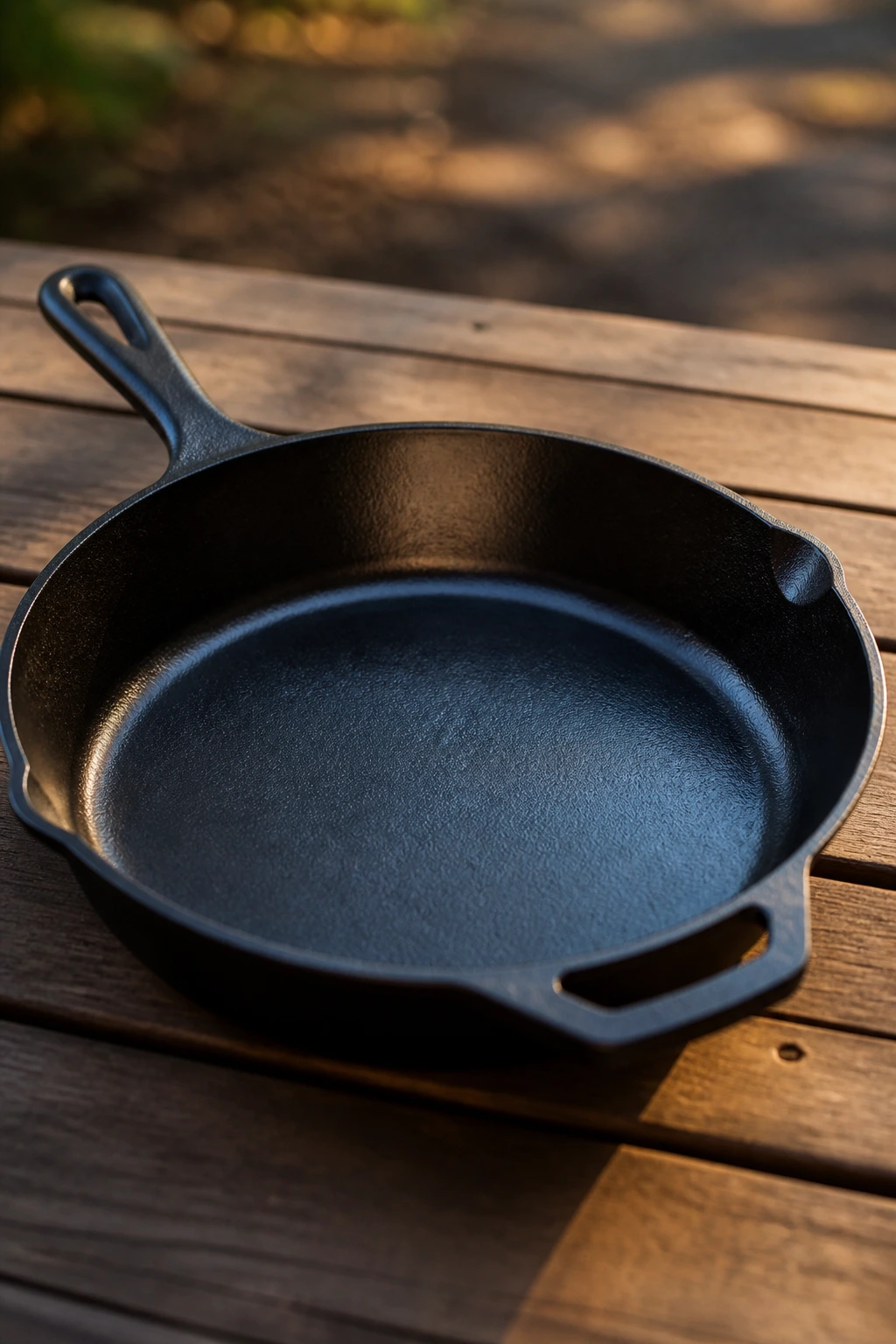 Cast-iron skillet on a wooden table, ready for grilling