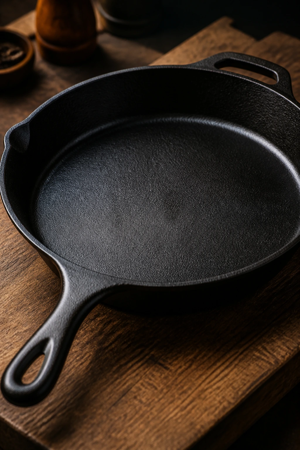 Cast iron skillet on wooden surface under warm light